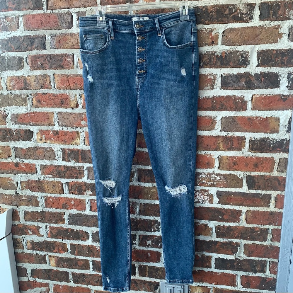 We the Free Distressed Medium Wash Button Fly Skinny Jeans